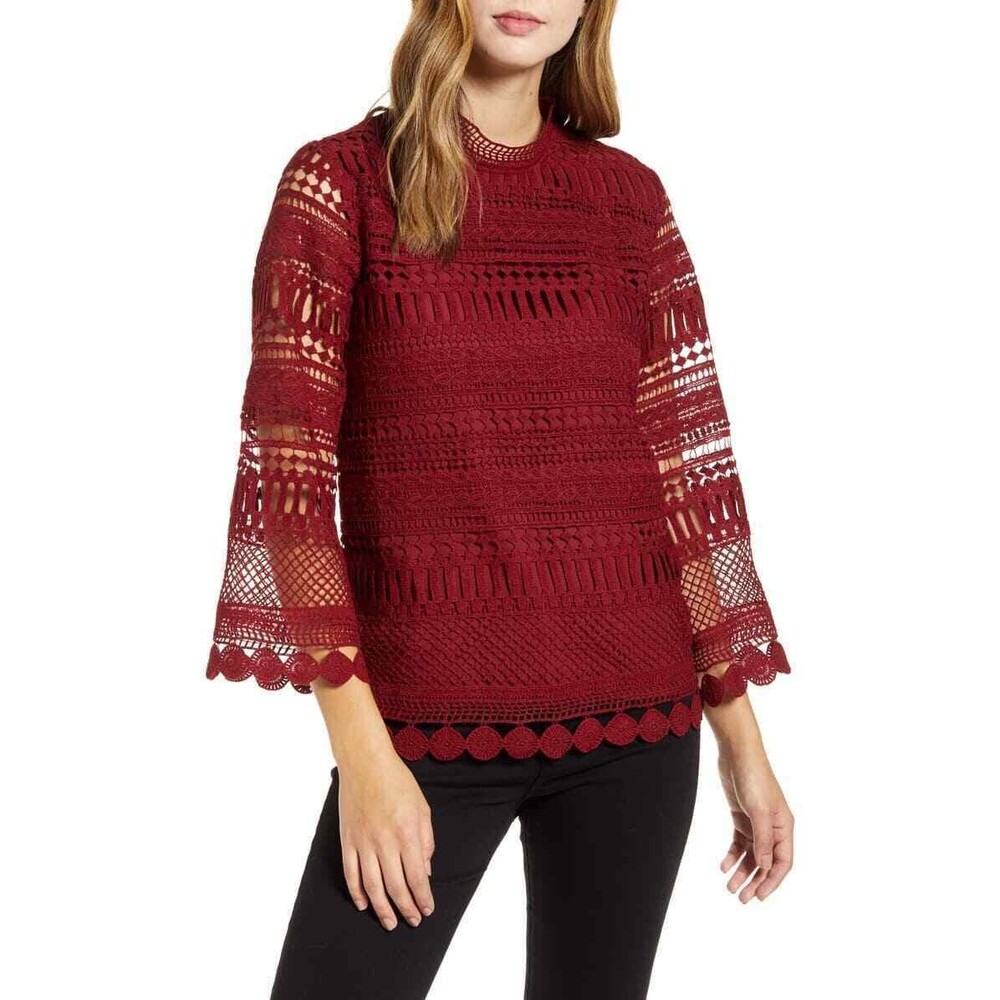 Gibson x Glam Living In Yellow Top XS Long Bell Sleeve Lace Burgundy NEW A2